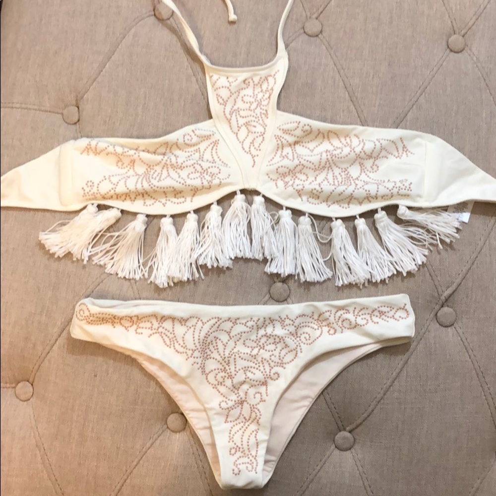 Beach Riot White/Cream and Gold Tassel Bikini